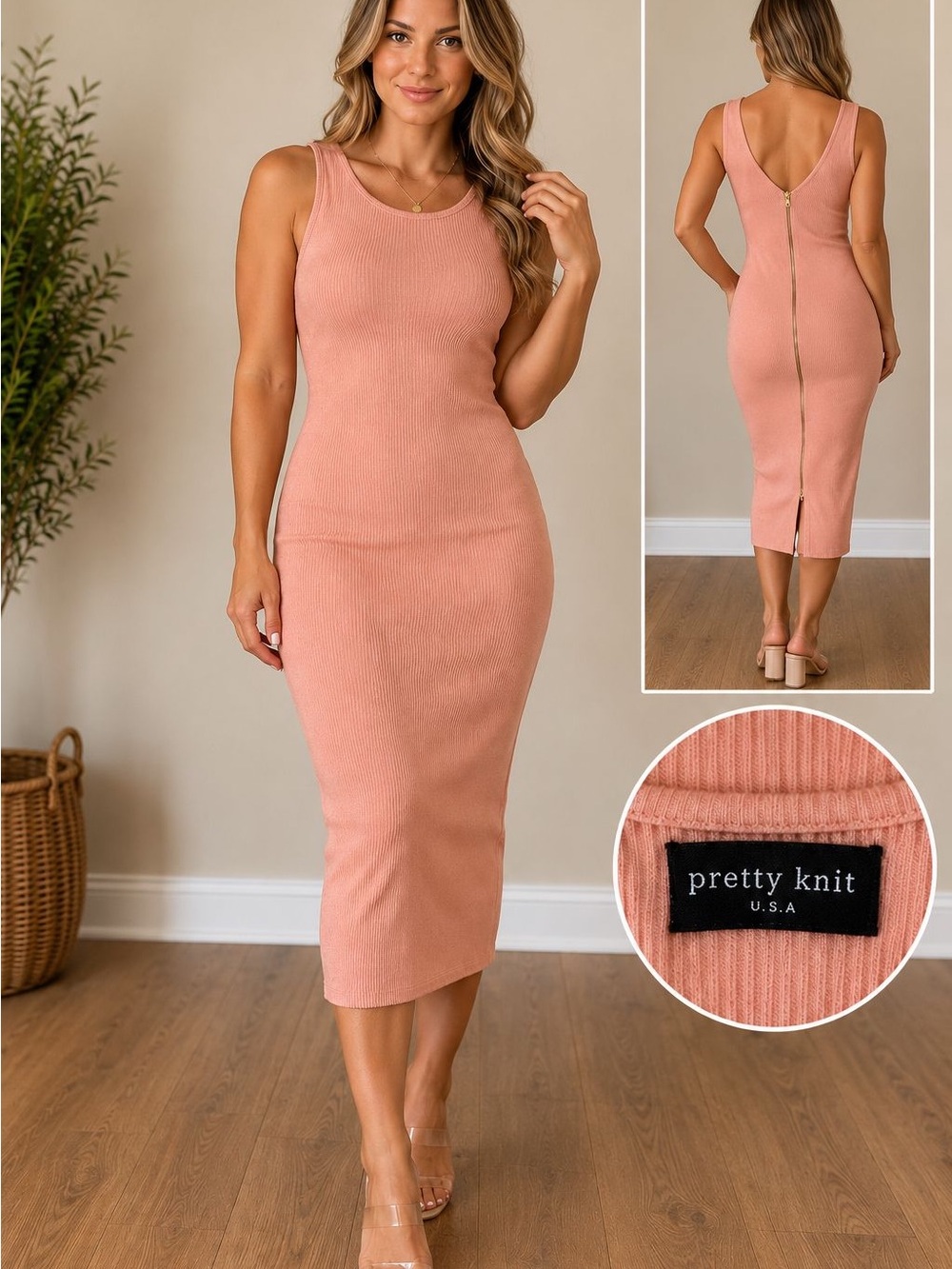 Backless Ribbed Midi Dress with Front Zip in Dusty Pink